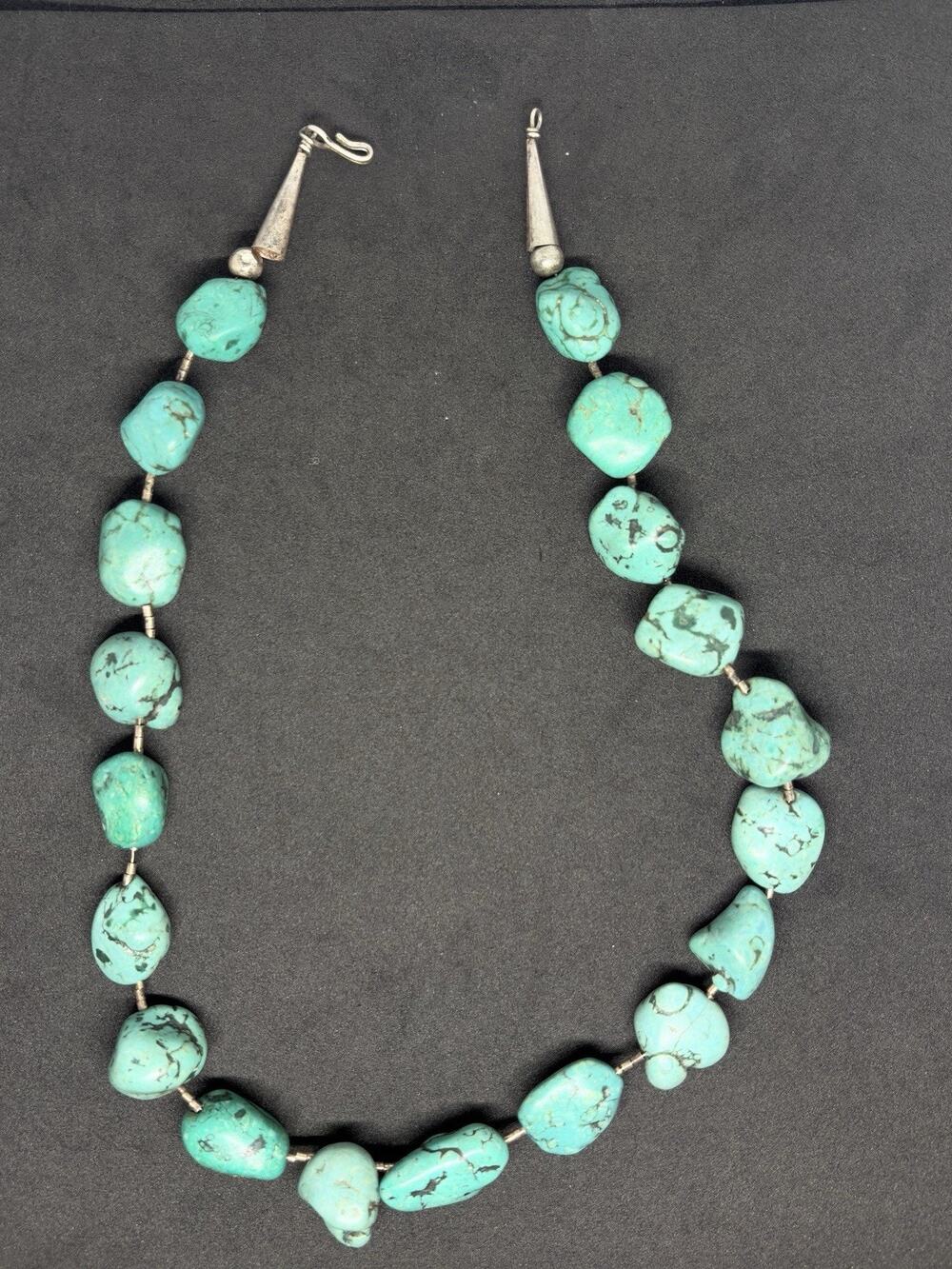 Vintage Navajo Signed Sterling Silver Nugget Turquoise Beaded Necklace 18” 94g